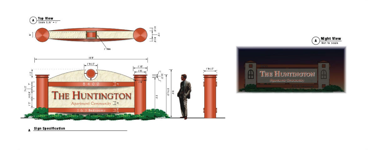 Sign drawings include callouts and dimensions.